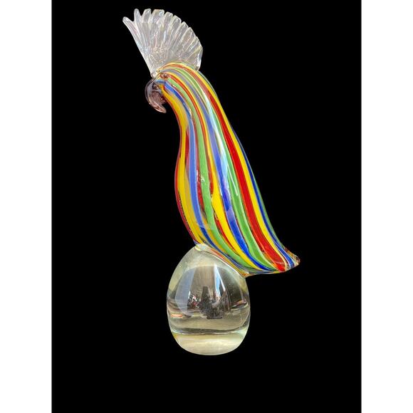 Art Glass Cockatoo Bird Sculpture Colorful Stripes With Amethyst Beak 12” Parrot - Picture 3 of 8